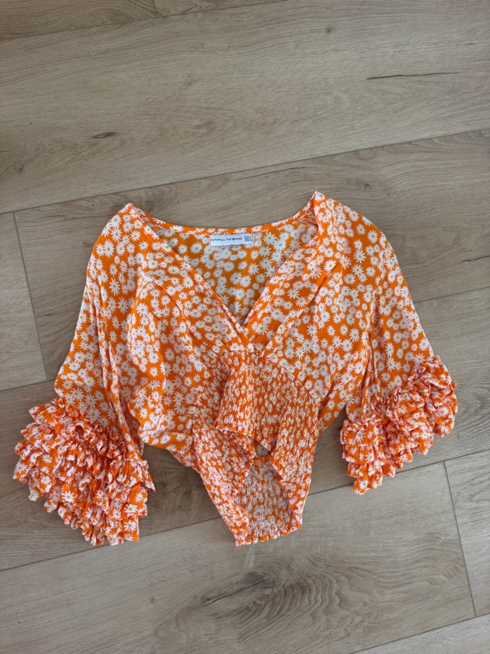 Faithfull the Brand Orange Daisy Print Smocked Crop Top